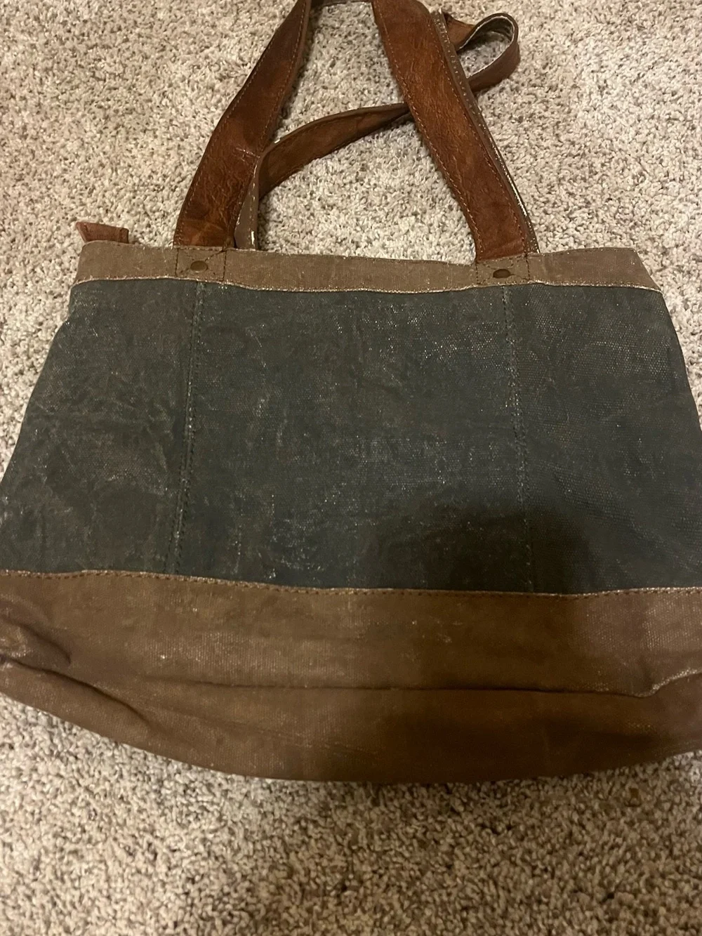 Canvas and Leather Tote Bag in Brown and Olive with Decorative Ring